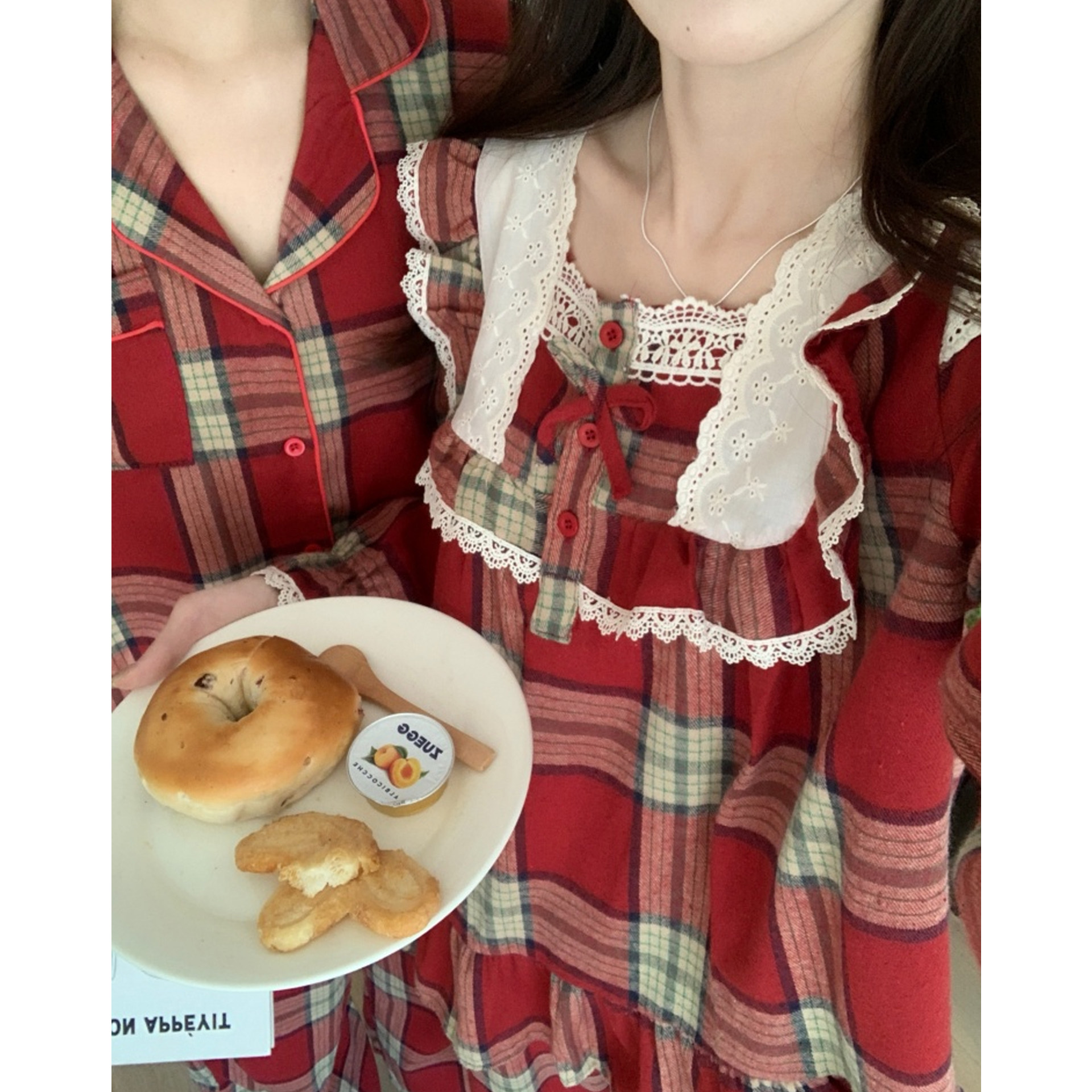 韩版格子加厚磨毛睡衣女秋冬季长袖宫廷风蕾丝圣诞新年家居服情侣