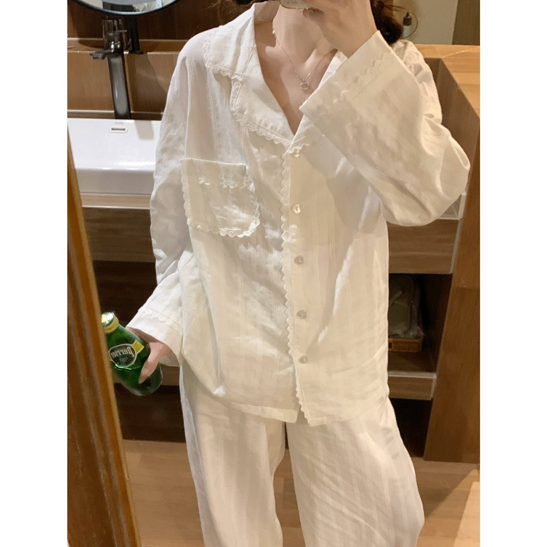 韩版ins爱心蕾丝边睡衣女春秋季新款甜美简约长袖长裤纯棉家居服