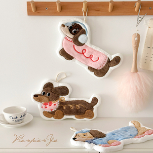 可爱腊肠狗擦手巾挂式珊瑚绒吸水毛巾厨房卫生间手帕洗手间小方巾