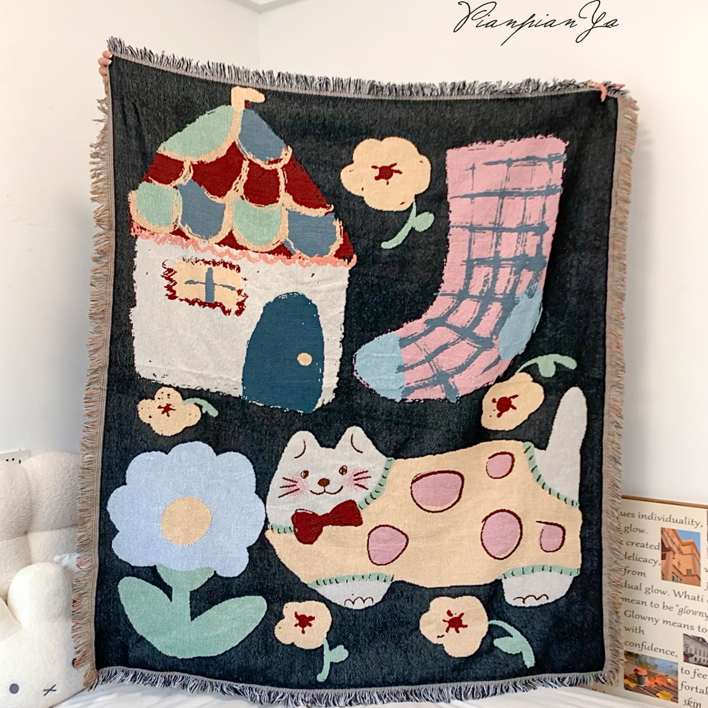 可爱猫咪沙发盖毯公路旅行露营毯家居氛围感休闲毯装饰墙面挂毯