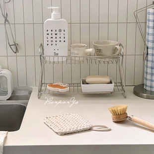 多功能双层置物架厨房不锈钢杯子调料收纳架多层台面整理收纳架