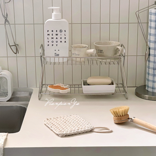 多功能双层置物架厨房不锈钢杯子调料收纳架多层台面整理收纳架