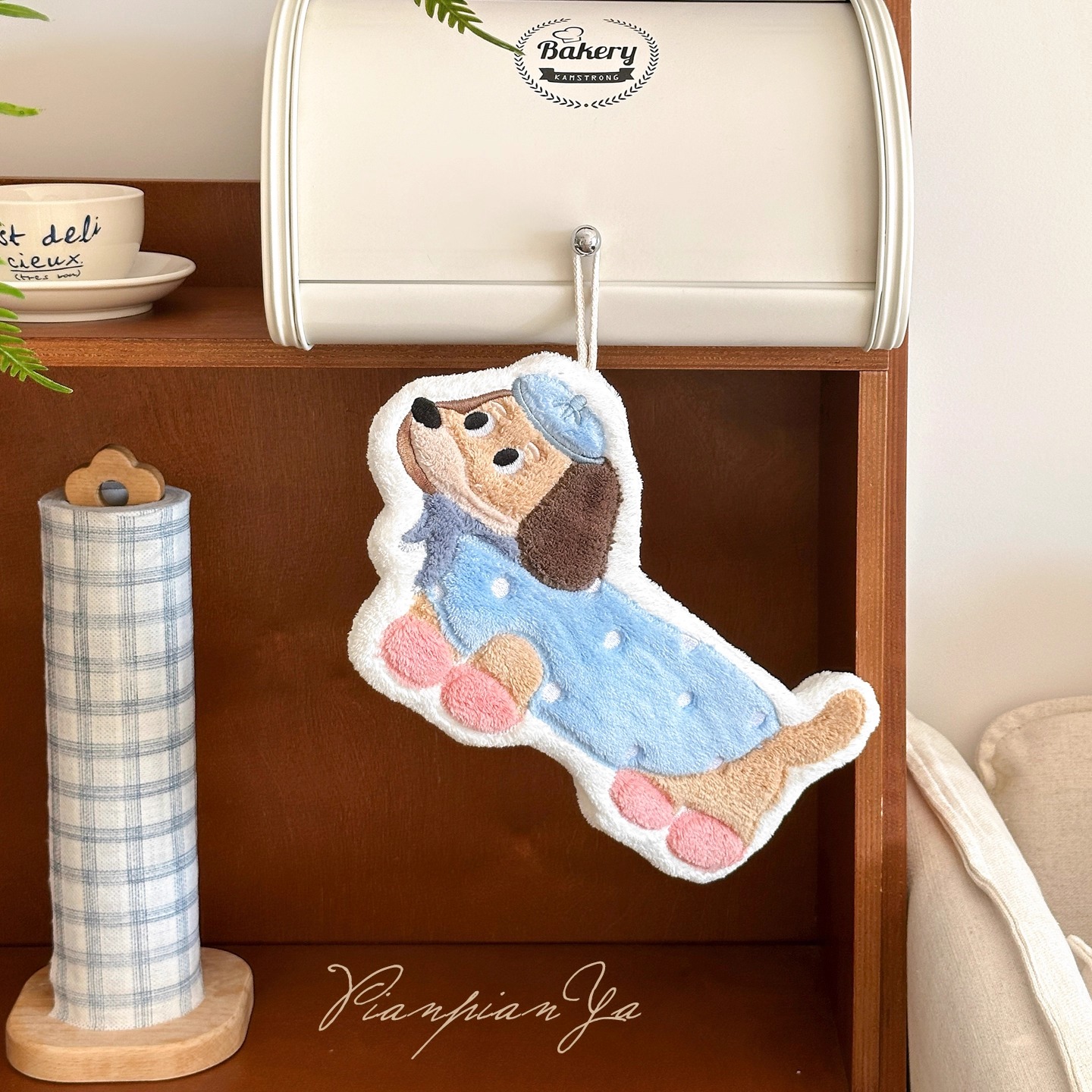 可爱腊肠狗擦手巾挂式珊瑚绒吸水毛巾厨房卫生间手帕洗手间小方巾