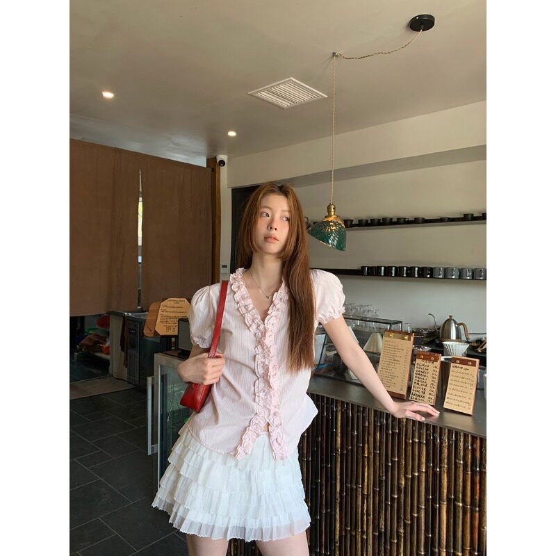 韩系法式设计感条纹短袖衬衫女夏