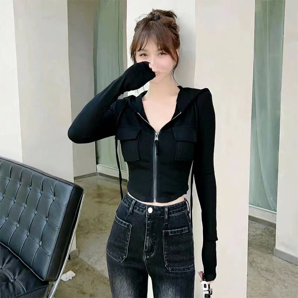 辣妹甜辣风短款连帽T恤外套女秋