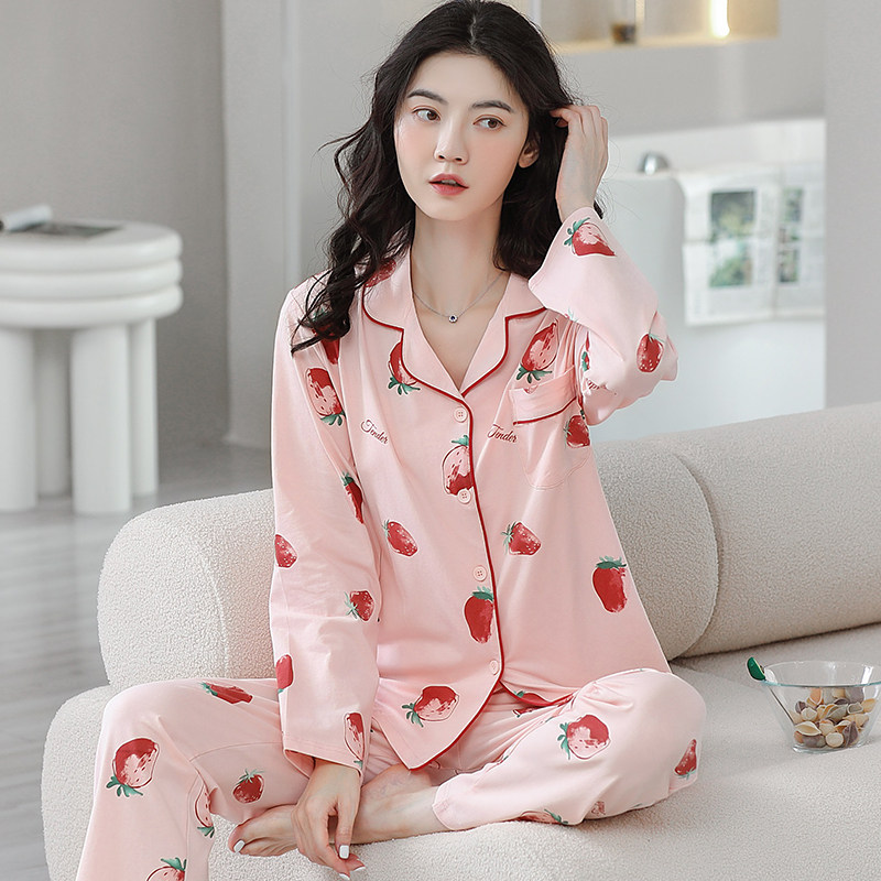 新款纯棉春秋冬款长袖加厚睡衣女款外出可穿套头家居服