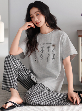 夏季新款家居服套装灰色格子睡衣夏季家居服长裤短袖休闲卡通