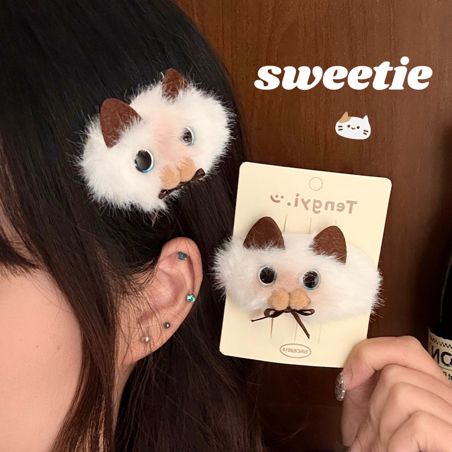 秋冬季毛绒暹罗猫发夹发饰可爱毛茸茸猫咪BB夹少女碎发侧边夹批发