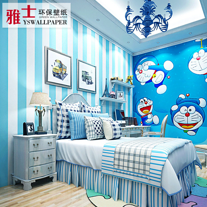 地中海蓝色墙纸 哆啦a梦无纺布男孩儿童房现代简约蓝白竖条纹壁纸