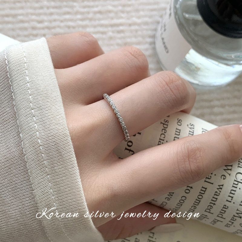 s925纯银微镶锆石戒指女单排钻小众轻奢开口可调节食指环百搭时尚