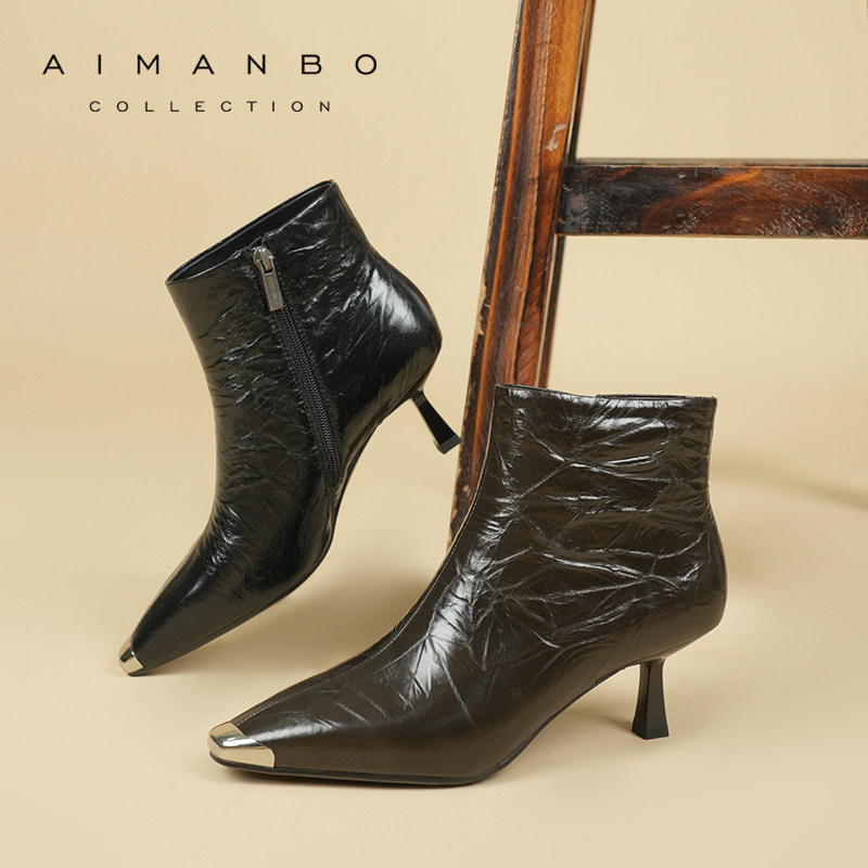 漫步佳人2025冬季新品方头短靴高跟鞋侧拉链时装靴百搭细跟工装靴