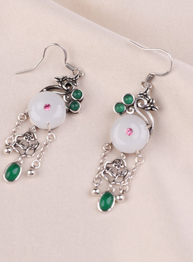 中式古典玉质平安扣白色耳环泰银工艺流苏耳坠仙气古装汉服耳饰女