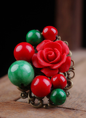 凤仪（饰品）原创中国结民族风戒指食指红色漆雕玫瑰中国风饰品女