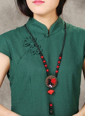 民族风复古项链民族风装饰品红色长款毛衣链女士挂件玫瑰花吊