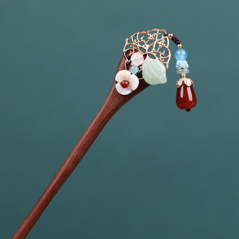 凤仪（饰品）古典宫廷风发簪中国风盘发头饰发饰红檀木步摇盘配饰