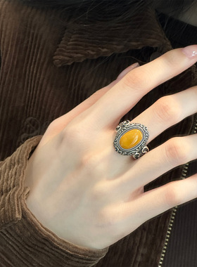 S925银蛋形蜜蜡镶嵌花纹做旧戒指新中式设计复古小众