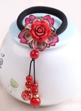 复古风发圈本命年红色弹力头绳橡皮筋女半扎头发绳发带古装头饰女