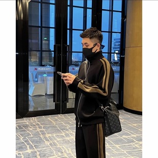 春秋季新款高端织带撞色拉链男士休闲运动套装男款时尚潮流百搭