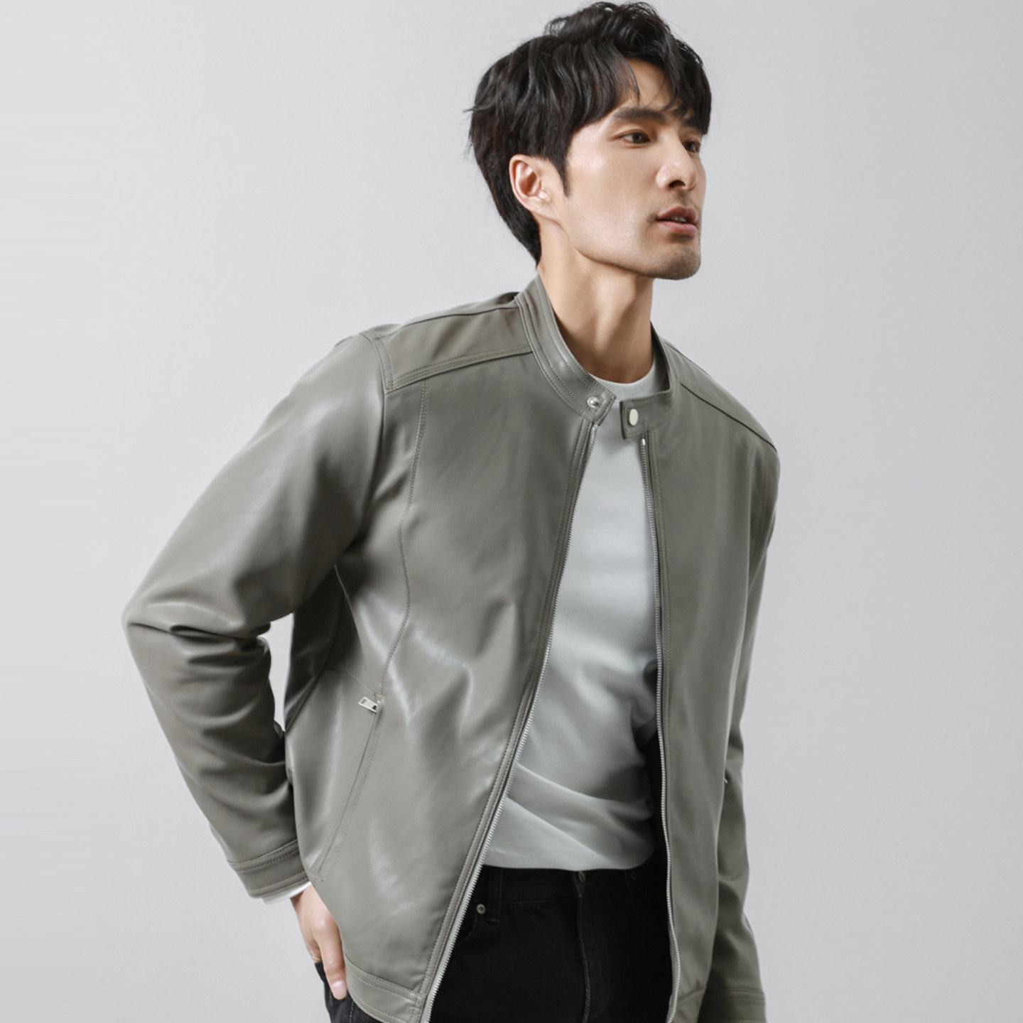 MXKM美式高街休闲立领PU软皮衣男士骑行复古黑色机车服皮夹克外套