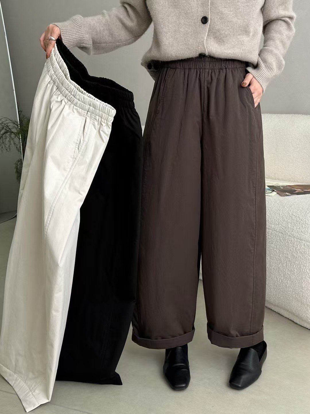 夹棉加厚松紧腰韩版休闲裤女2025秋冬新款显瘦百搭直筒阔腿裤5518