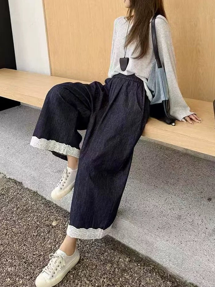 MAY MKON韩系春夏蕾丝花边拼接直筒牛仔裤女高腰宽松显瘦阔腿裤