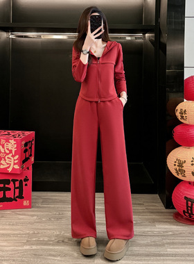2026春洋气红色休闲运动套装女时尚减龄炸街外套上衣阔腿裤两件套