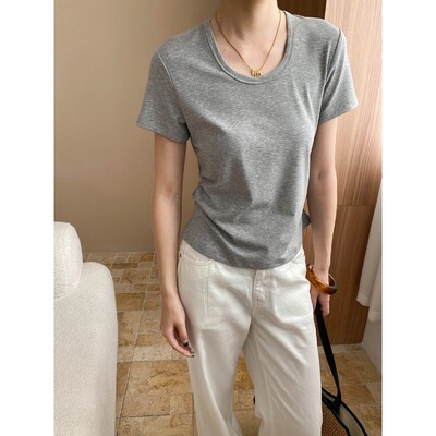 司南 夏日小蛮腰 纸片人U领设计感褶皱收腰显瘦短袖T恤 SN7500