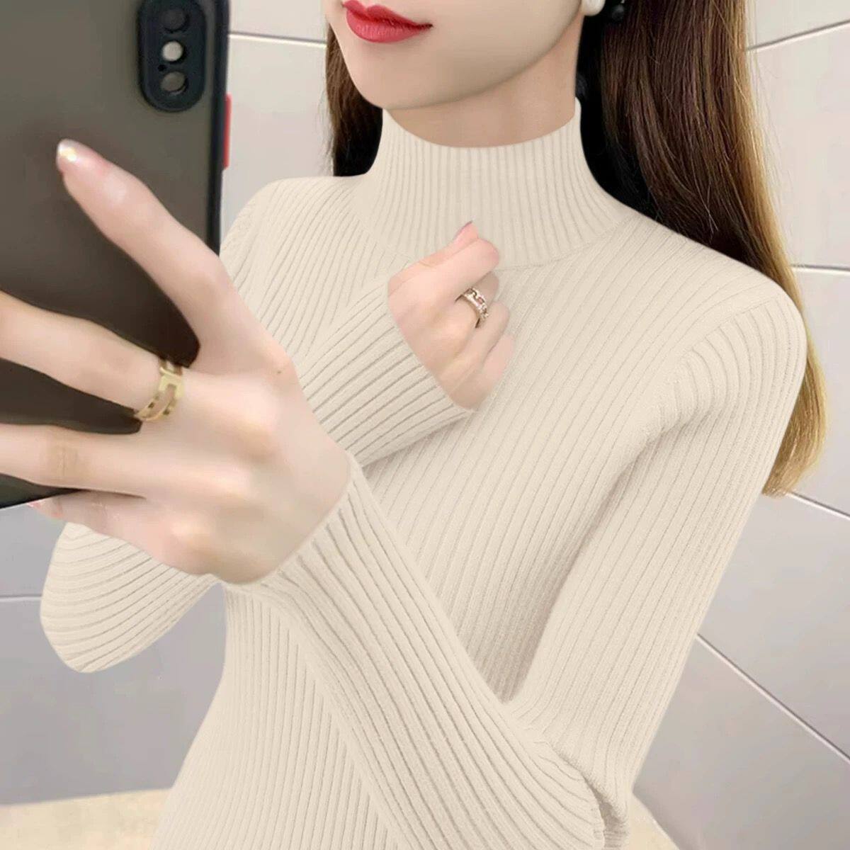 秋冬新款纯色毛衣加厚款修身打底上衣女长袖针织衫显瘦内搭半高领