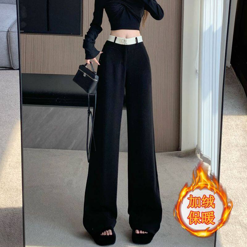 宽松阔腿裤女直筒长裤子垂感拖地设计感毛呢高腰裤秋冬黑色高级感