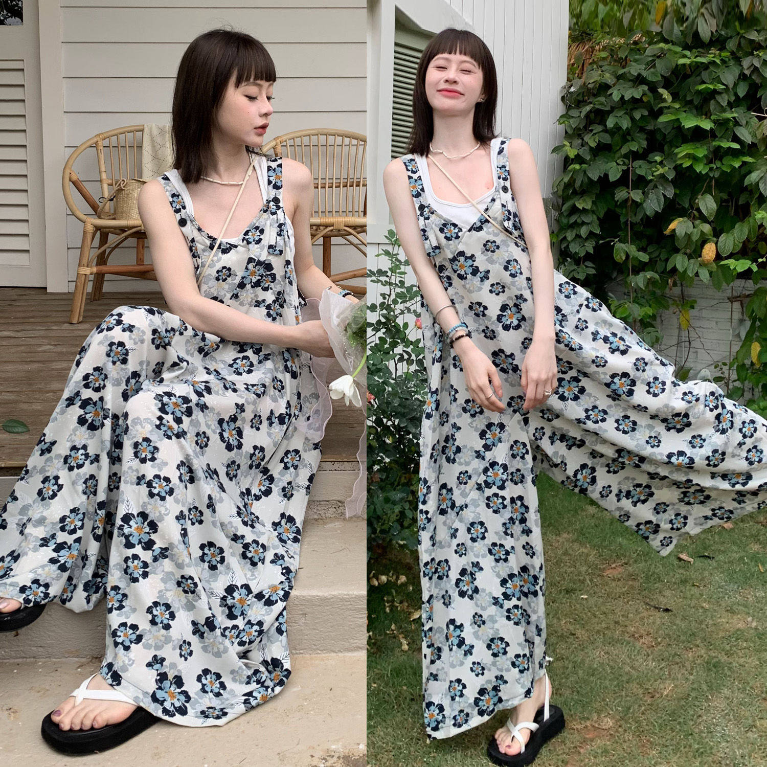 宽松休闲慵懒风oversize吊带连体裤女夏季新款复古小花背带阔腿裤