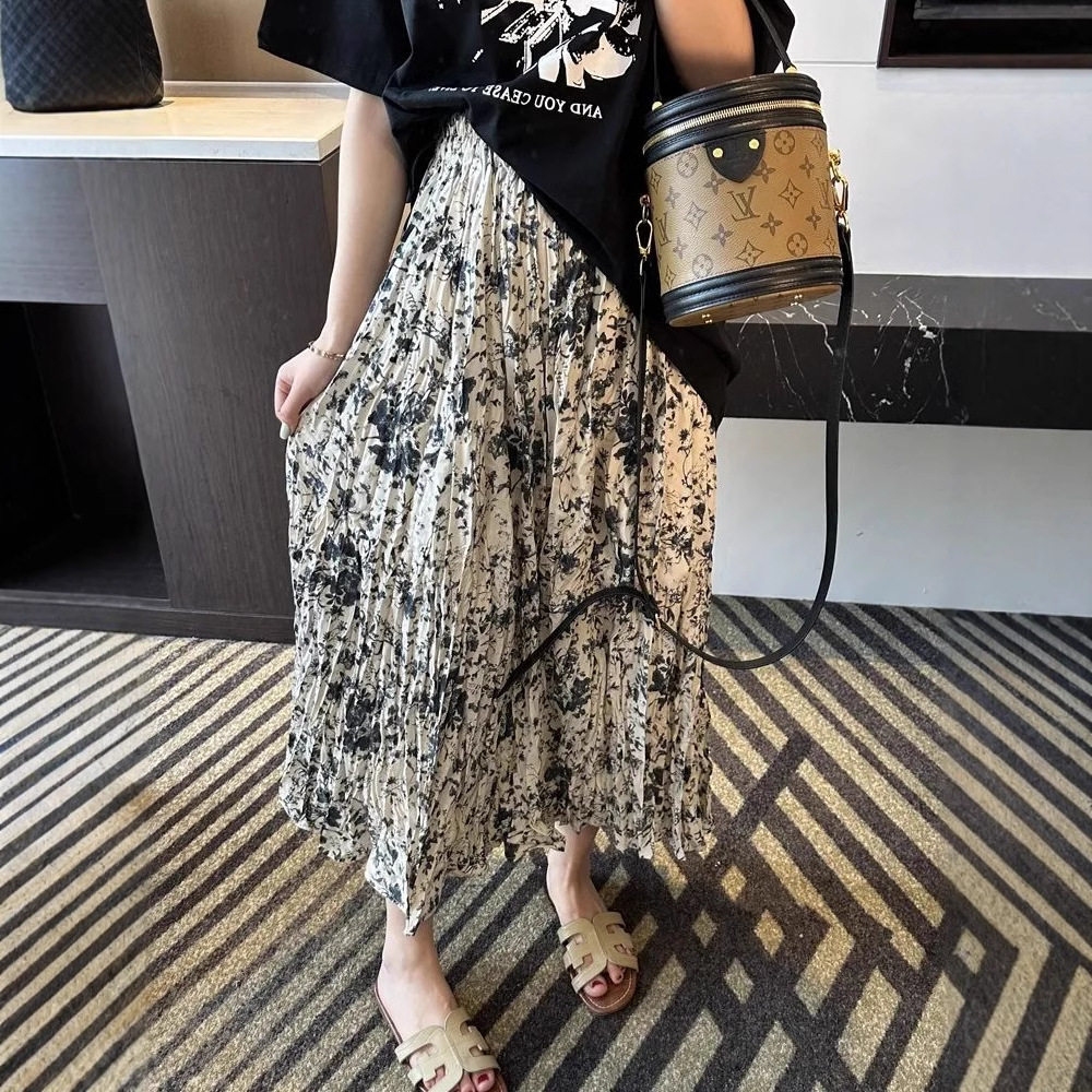 水墨褶皱森系花色高腰碎花半身裙女2025夏季新款中长款百褶裙超仙