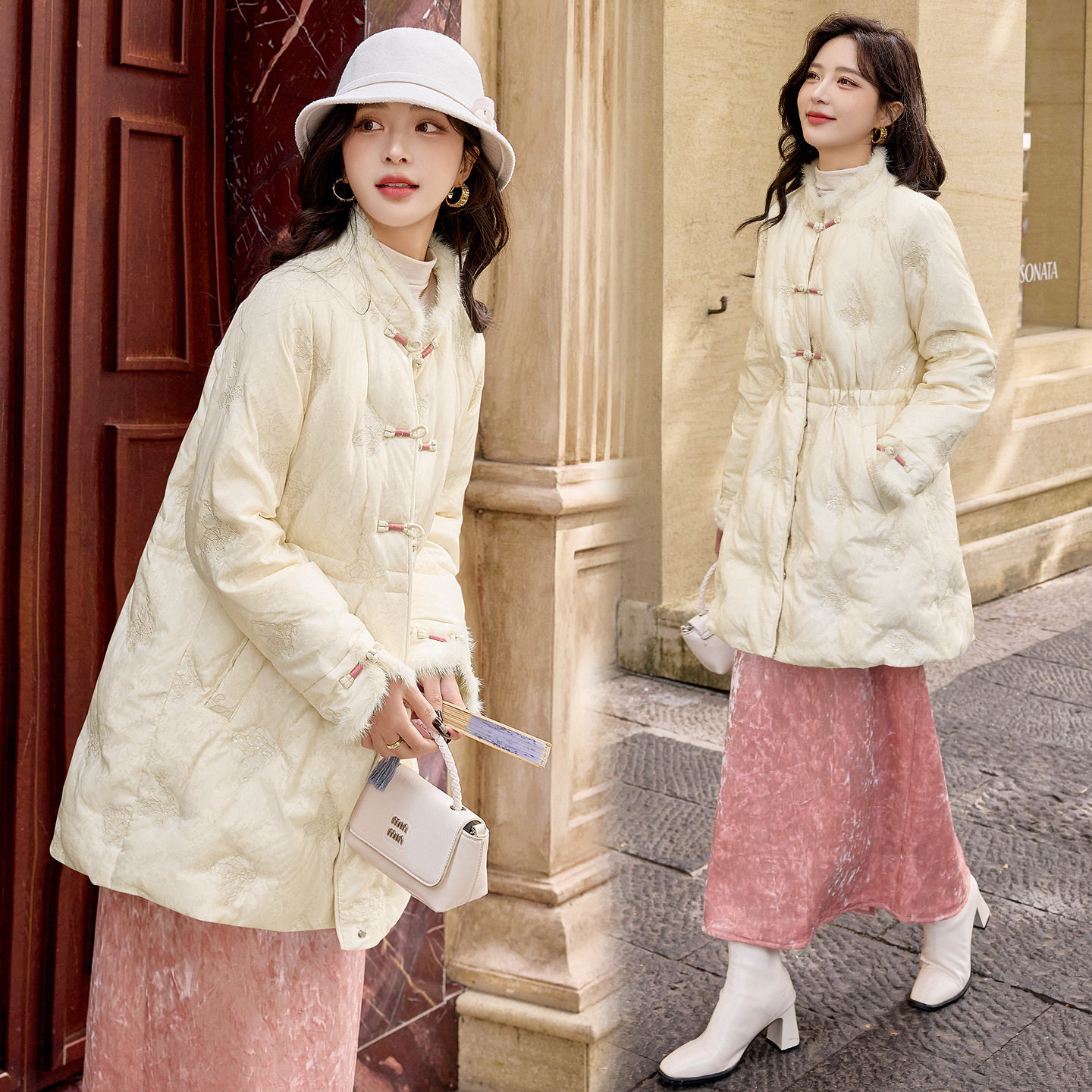 新中式羽绒外套女2025冬季水貂毛拼接刺绣亮片中长款90绒羽绒服