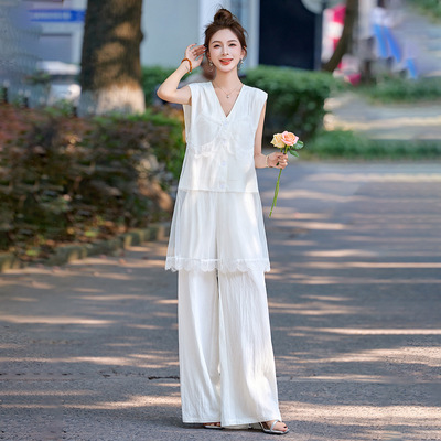 套装女2025夏高级感气质减龄蕾丝拼接马甲T恤阔腿裤两件套 SX3156