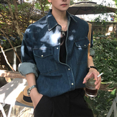 韩系复古深蓝色牛仔衬衫 外套 衬衣设计感痞帅工装 男秋季 高级感长袖