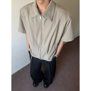 卡其色双头拉链短袖衬衫男款翻领垫肩衬衣cleanfit高级感半袖外套