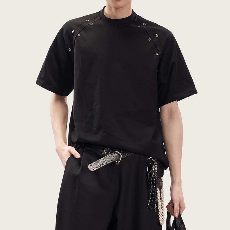 黑色星星铆钉解构拼接短袖T恤男女夏季潮牌美式设计感半袖上衣潮