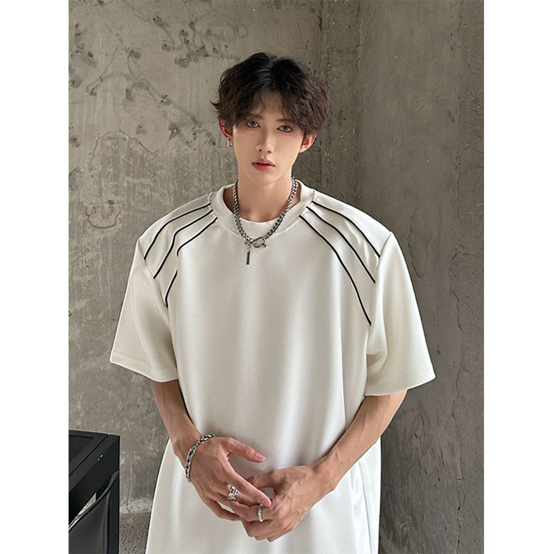 垫肩短袖t恤男款2025新款夏季潮流潮牌重磅硬挺设计感小领口半袖