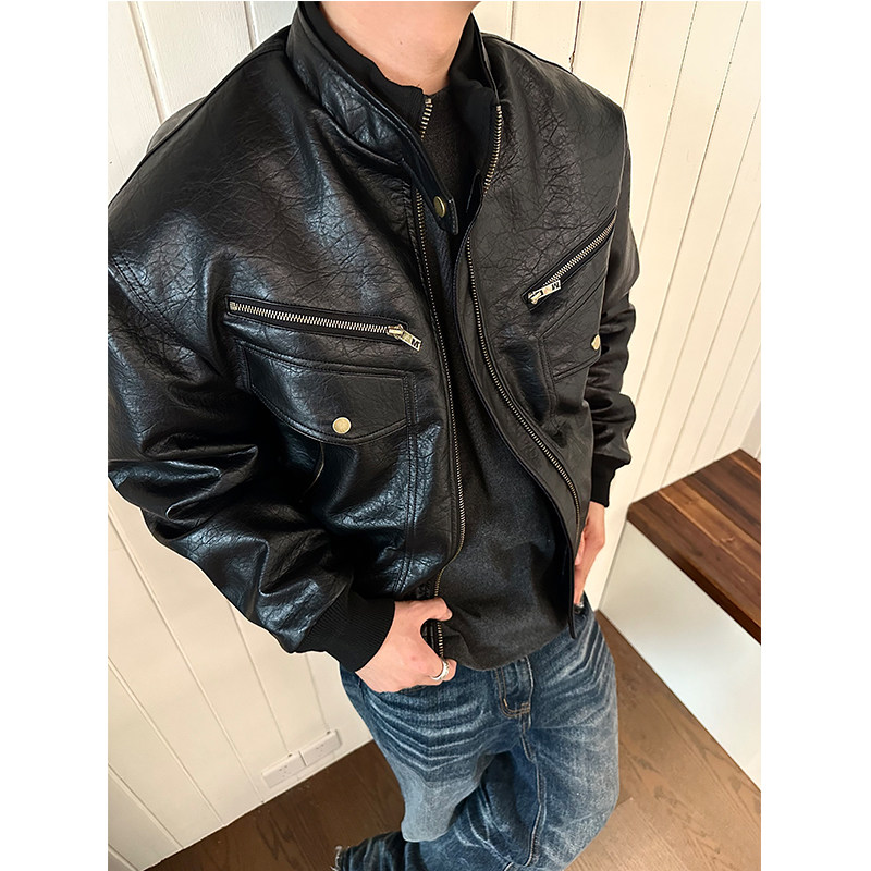美式复古荔枝纹PU皮衣夹克男女春秋季加厚多口袋廓形机车服外套,男装,皮衣,淘宝优惠券,粉丝福利购,淘宝优惠卷