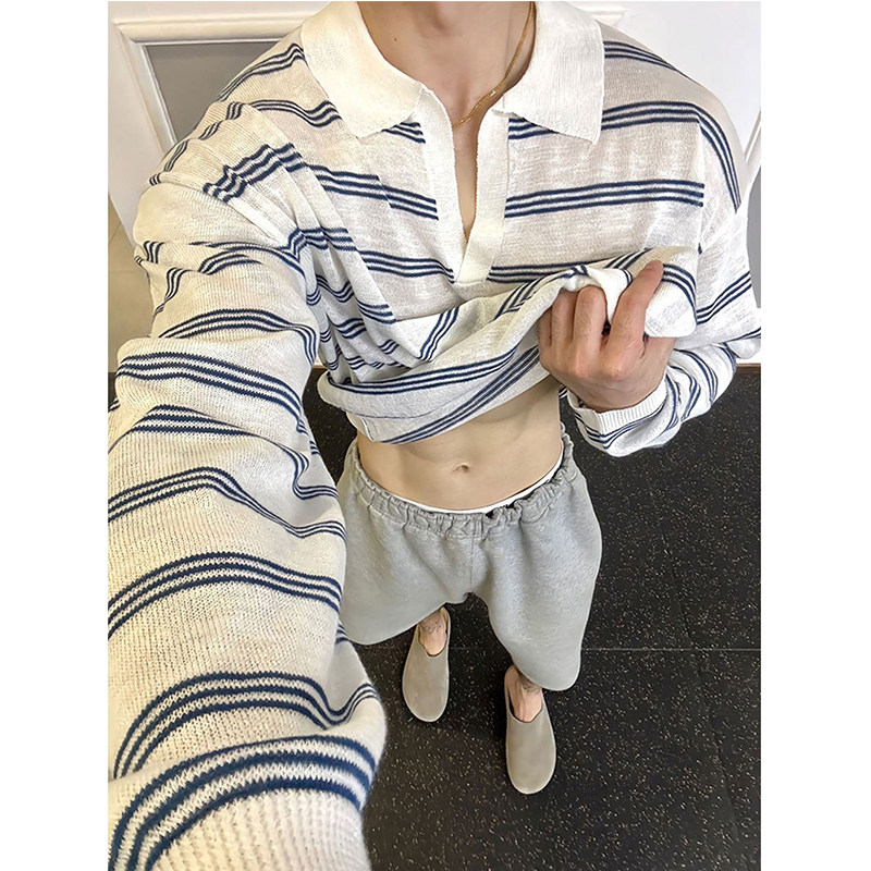 蓝色条纹polo衫长袖t恤男春季凉感透气防晒罩衫健身运动针织上衣