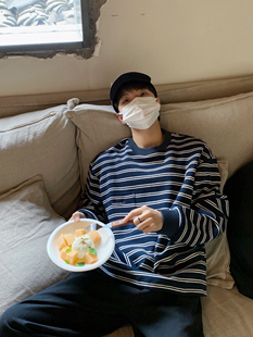 复古撞色口袋圆领内搭打底衫 新款 宽松套头tee t恤男春秋季 条纹长袖