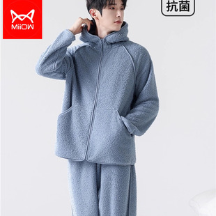 猫人男士睡衣冬季加绒加厚拉链可外穿2025新款半边绒家居服套装