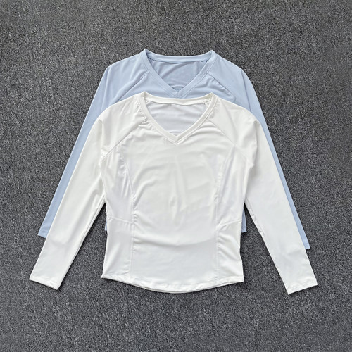 瑜伽服长袖女秋季运动速干跑步训练上衣新款V领显瘦普拉提健身服