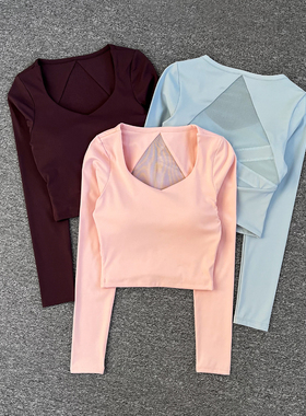 带胸垫瑜伽服长袖女秋冬季健身房锻炼修身上衣网纱美背跑步运动服