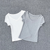 设计感小众甜辣妹修身 t恤女春季 百搭上衣 复古纯欲正肩V领短袖 美式