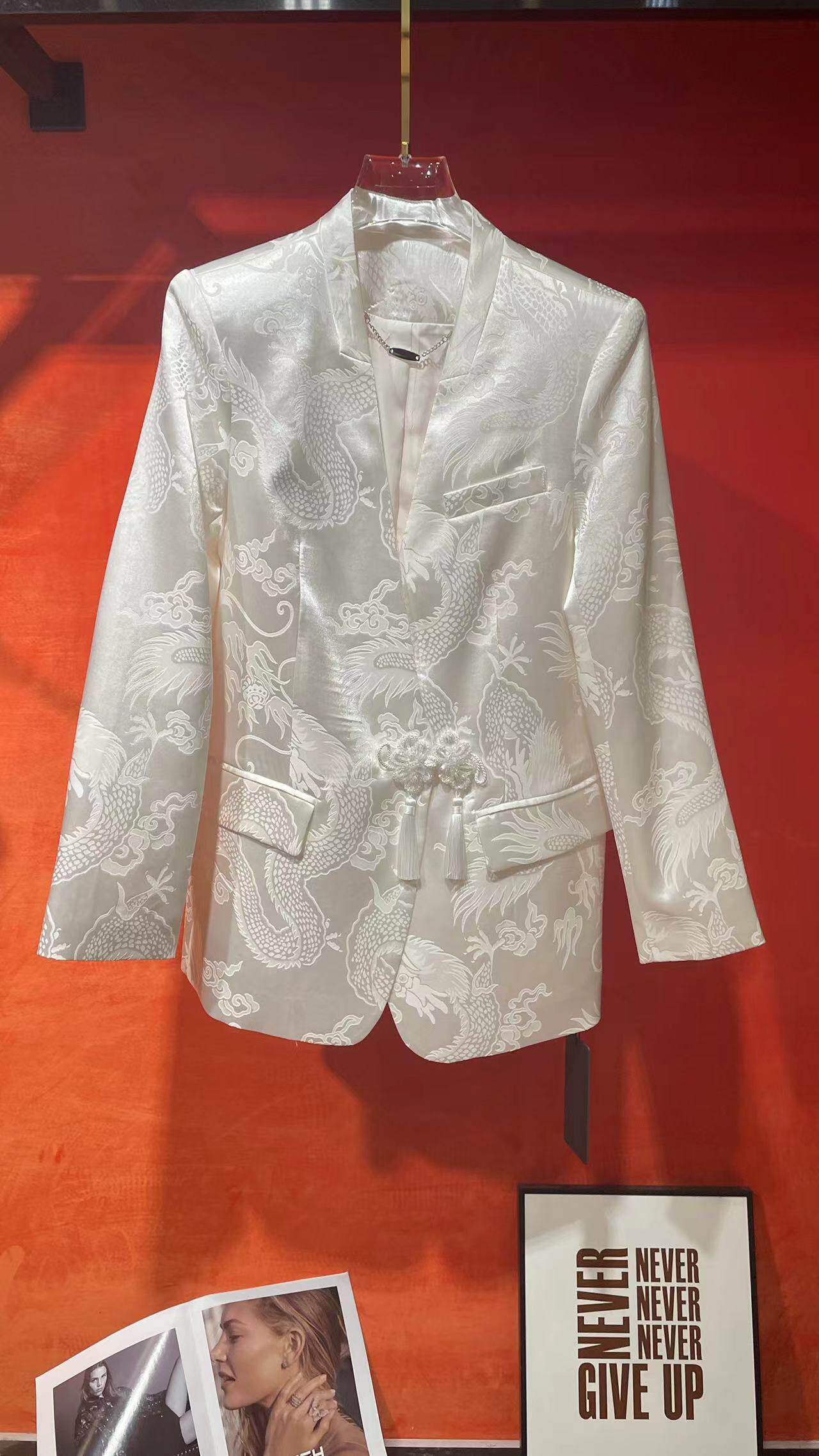 新中式国风提花缎面西装外套女7569春秋新款高级感复古盘扣上衣潮