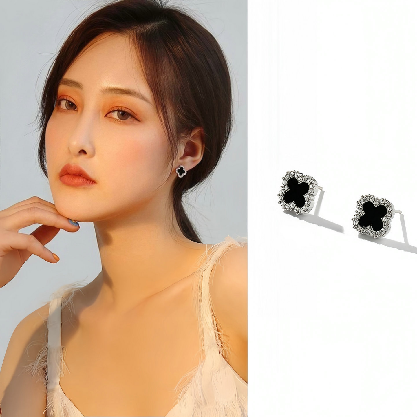 菲菲珠宝黑色四叶草耳钉轻奢气质高级感日常通勤耳环耳饰生日礼物