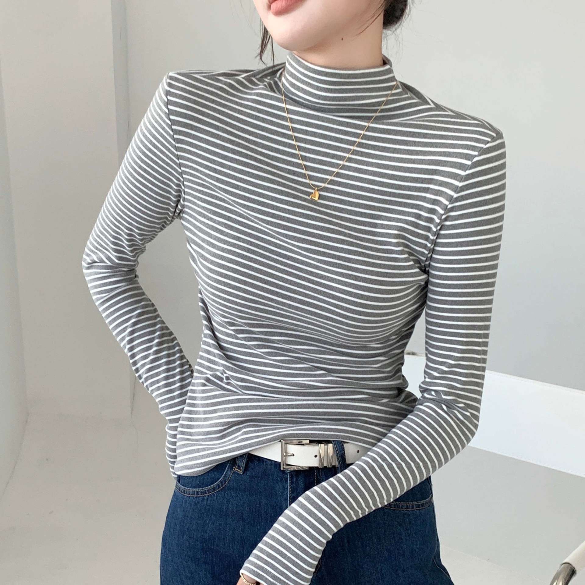 H246严选条纹打底衫新款女装休闲半高领上衣细条纹长袖T恤女内搭