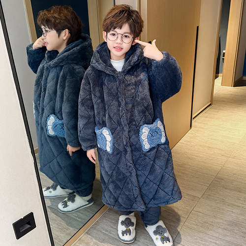 儿童睡衣秋冬季加厚款三层夹棉男童孩珊瑚绒法兰绒睡袍保暖家居服