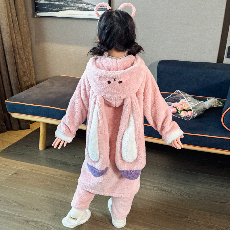 儿童睡衣套装冬季加厚款女童小孩珊瑚绒法兰绒睡袍浴袍连帽家居服