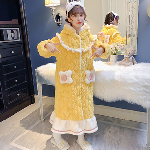 儿童睡衣秋冬季加厚款三层夹棉女童孩珊瑚绒法兰绒睡袍黄兔家居服